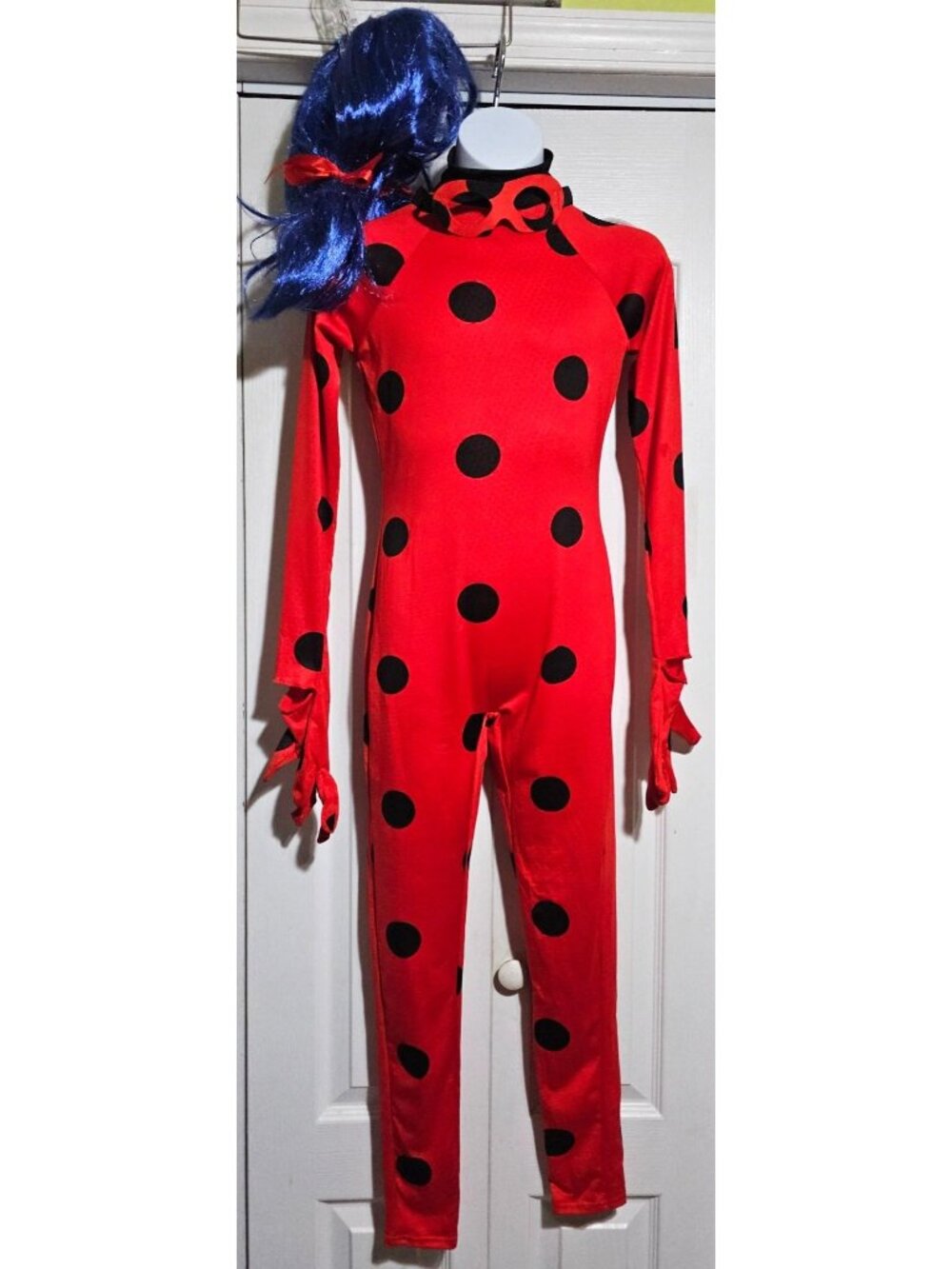 Spirit Halloween Miraculous Ladybug Costume Kids 12-14 Jumpsuit Gloves Mask Wig